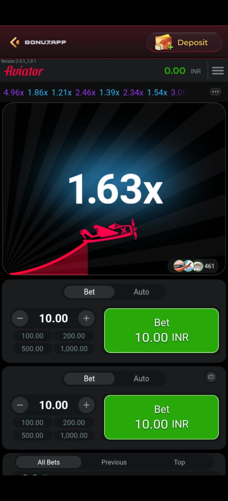 Aviator game Interface jahan 1.63x multiplier par red plane fly kar raha hai aur neeche INR betting options hain.