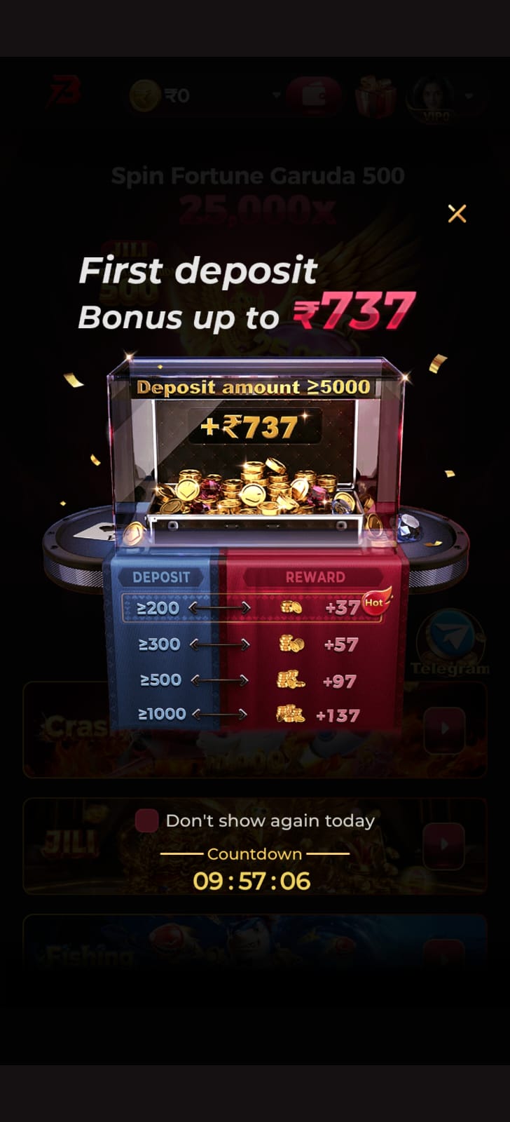 First deposit offer banner jismein ₹737 tak ka bonus reward aur detailed deposit-reward table dikhaya gaya hai.