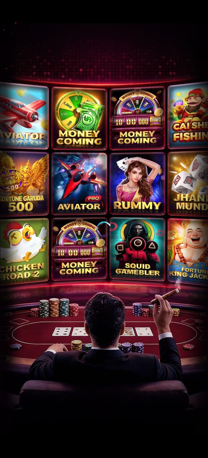 Casino app game selection screen jismein Aviator, Rummy, Money Coming aur Squid Gamebler jaise tiles aur poker table view dikhai de raha hai.